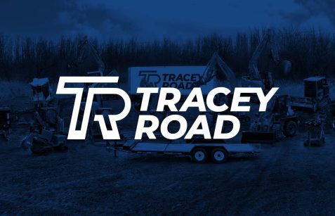 Tracey Road Equipment logo overlayed on an image of heavy machinery and construction equipment in an outdoor setting.