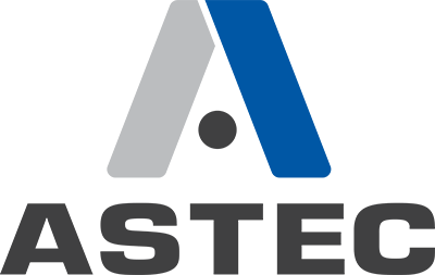 Astec Logo with a gray line on the left and a blue line on the right with a black dot in the middle that creates an a and the word astec under it