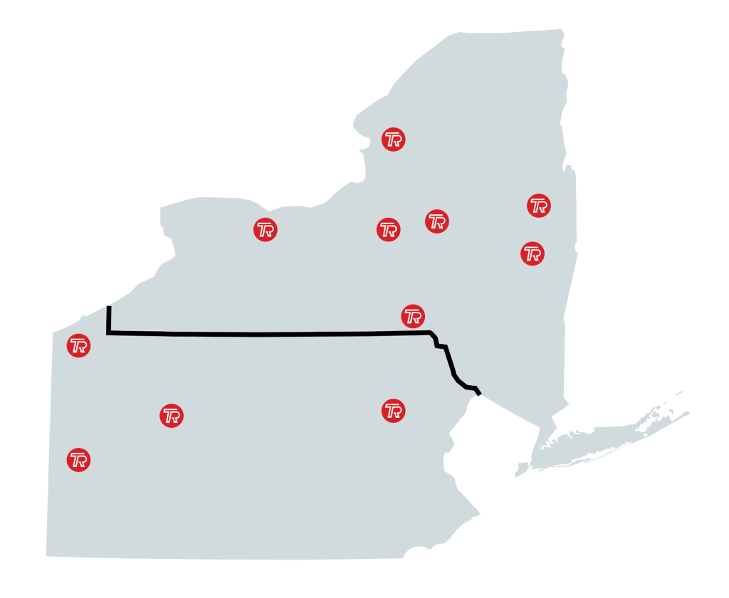 Gray map with red dots that have tracey roads circle logo on them showing 11 locations across ny and pa